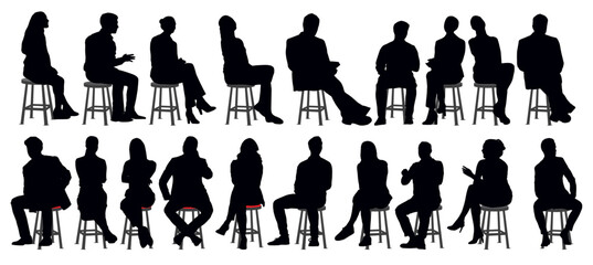 Silhouettes of business people, men and women sitting on stool full length. Vector illustration isolated on transparent background. - obrazy, fototapety, plakaty