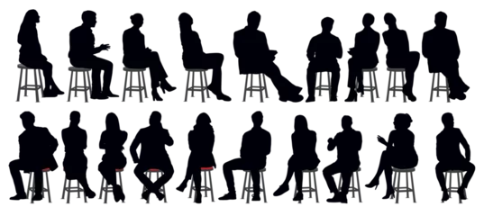 Fototapeten Silhouettes of business people, men and women sitting on stool full length. Vector illustration isolated on transparent background. © Unknown Artist