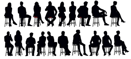 people sitting silhouette. Collection or set of people sitting on stool in transparent background. 
chatting, talking, meeting, gossiping, resting. 