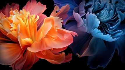 Vibrant blue and peach orchids on black background. Bright floral wallpaper, neon colors, close up