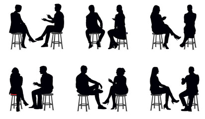 Silhouettes of business people, men and women sitting on stool full length. Vector illustration isolated on transparent background.