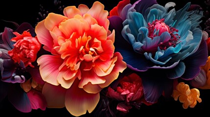 Vibrant blue and peach flowers on black background. Bright floral wallpaper, neon colors, close up, futuristic floral bouquet