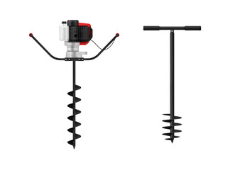Portable garden auger drill agricultural ground hole electric mechanical rig set realistic vector