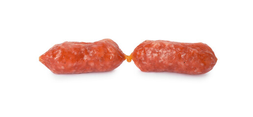 Thin dry smoked sausages isolated on white