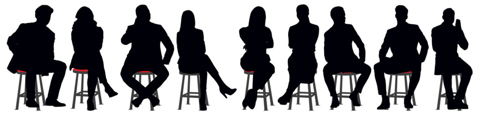 Vector silhouettes of a men and a women sitting on a bench, a group of business people, black color on a transparent background