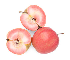 Tasty apples with red pulp isolated on white, top view