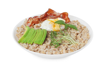 Delicious boiled oatmeal with poached egg, bacon and avocado in bowl isolated on white