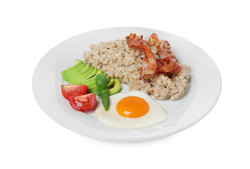 Delicious boiled oatmeal with fried egg, bacon, avocado and tomato isolated on white