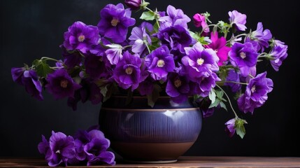 Blossomed purple flowers in pot.. Generative AI