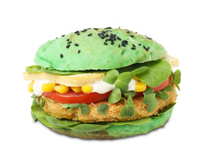 Tasty green vegan burger with vegetables, patty and microgreens isolated on white