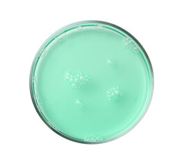 Petri dish with turquoise liquid sample on white background, top view