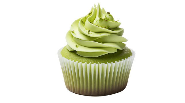 Matcha Green Tea Cupcake Isolated on Transparent Background. Generative Ai