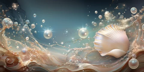 Poster on the waves of the raging ocean there are many shining mother-of-pearl pearls and a shell, glamorous desktop wallpaper, background, cover, © Svetlana
