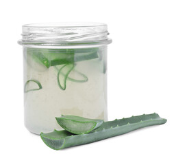 Fresh aloe juice in jar and leaves isolated on white