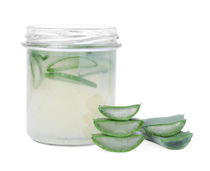 Fresh aloe juice in jar and cut leaves isolated on white