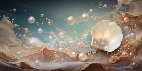 Poster on the waves of the raging ocean there are many shining mother-of-pearl pearls and a shell, glamorous desktop wallpaper, background, cover, © Svetlana