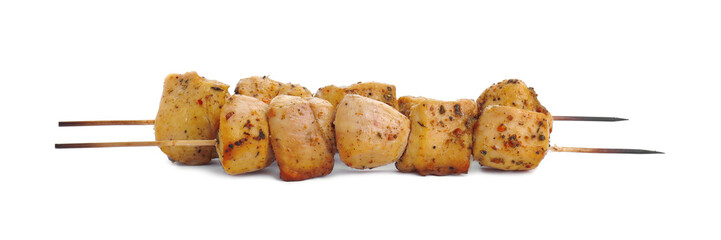 Skewers with delicious fresh shish kebabs isolated on white