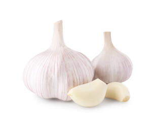 Heads of fresh garlic and cloves isolated on white
