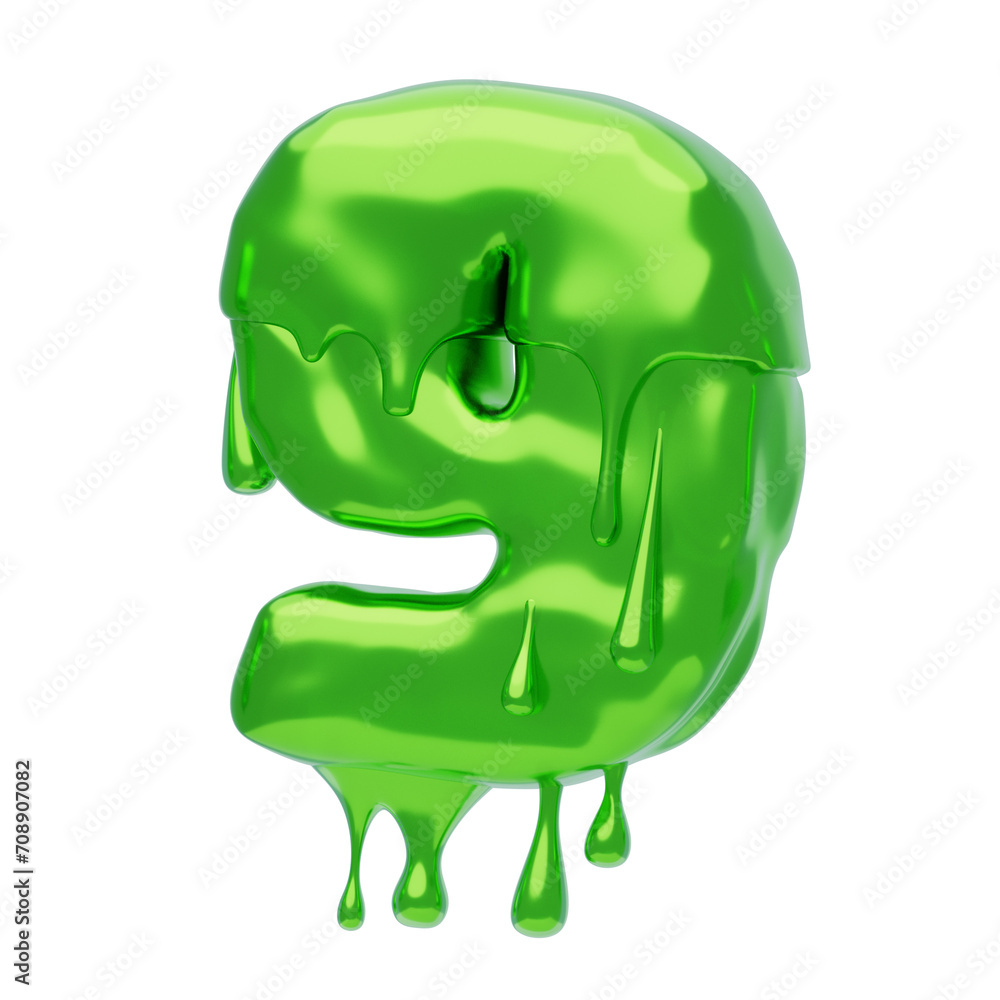 Poster 3d number 9 shape slime text. 3d illustration, 3d element, 3d rendering. 3d visualization isolated o