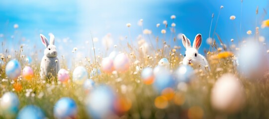 Fototapeta na wymiar Easter bunny and colorful decorated eggs in grass in nature. Happy Easter. Banner