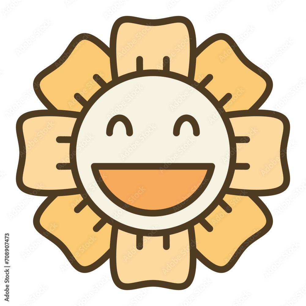 Poster smiling flower in groovy 60s or 70s style vector minimalist colored icon or design element