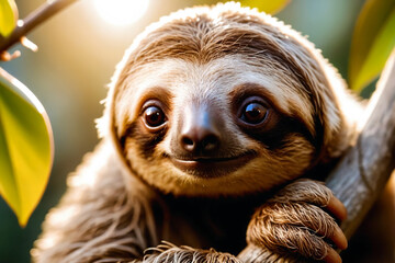 Close-up portrait of a cute small sloth sitting on branch, looking at camera, cinematic light, selective focus, golden backlight