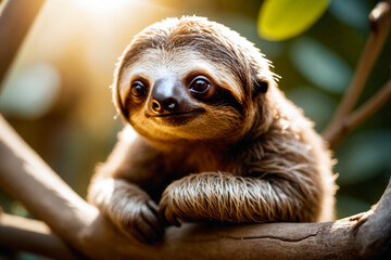 Naklejka premium Close-up portrait of a cute small sloth sitting on branch, looking at camera, cinematic light, selective focus, golden backlight