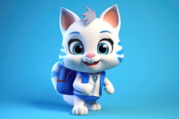 An illustration of a white kitten of schoolboy with a backpack on his back on blue background.