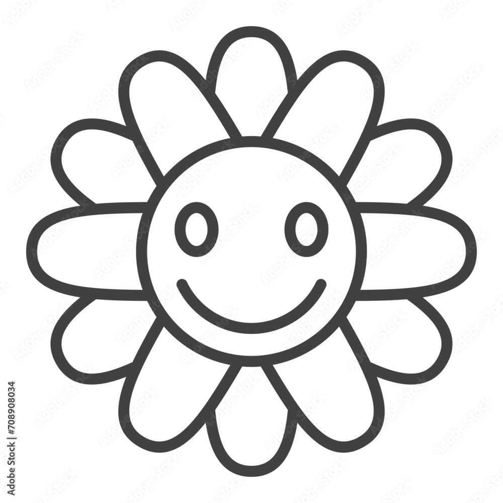 Poster flower with cute smiling face vector hippie retro style icon or symbol in thin line style