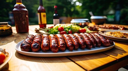 very delicious looking sausages are on a cooked wooden