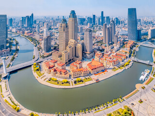 Aerial photography of the skyline of Haihe and Jinwan Plaza CBD in Tianjin, China © Govan