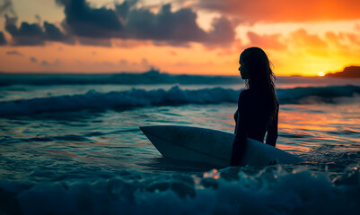 Silhouette of female surfer with board at sunset.
 - Powered by Adobe