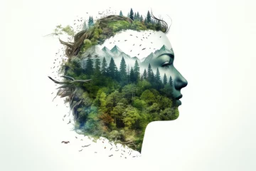 Tuinposter Double exposure of a girl's face in profile and forests with mountains and lakes. Ecology. © P