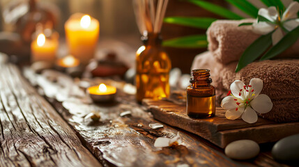 Obraz na płótnie Canvas Spa concept with stones, candlelight, and blossoms. Wallpaper or banner with wellness theme. Shallow field of view. 