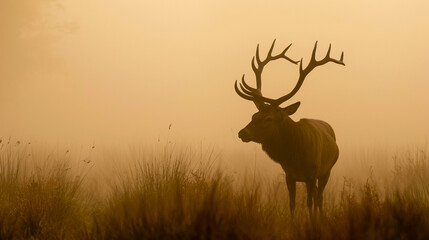 Naklejka na ściany i meble Red deer stag silhouette in the mist. AI Generative
