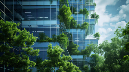Architecture image with a modern glass building with a lot of green plants trees and bushes for business architecture environmental friendly and eco-concept - obrazy, fototapety, plakaty