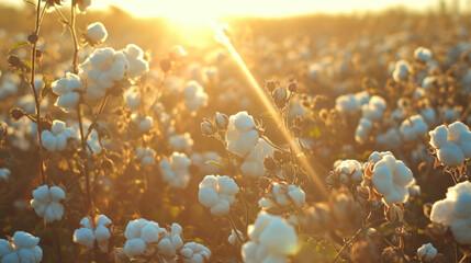 Fototapeta na wymiar Scenic view of a cotton field with sun light