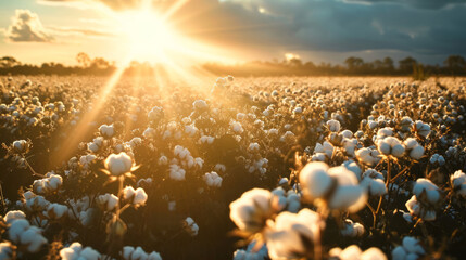 Scenic view of a cotton field with sun light - obrazy, fototapety, plakaty