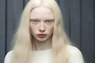 Naklejka premium The albino girl. A woman with white hair, eyebrows, blue eyes and freckles.