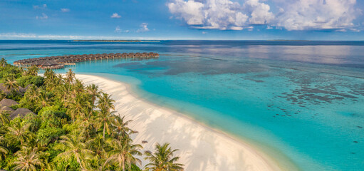 Amazing island beach. Maldives tourism from aerial view tranquil tropical landscape seaside....