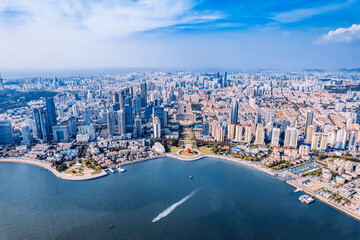 Aerial photography of the coastline of Fushan Bay and May Fourth Square in Qingdao, Shandong, China