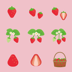 シンプルでかわいいイチゴのイラストセット（フラットデザイン）