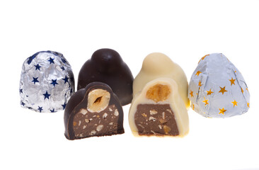chocolate candies with hazelnuts isolated