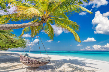Tropical beach tourism panorama summer landscape. Leisure beach swing hammock peaceful white sand, beachfront calm sunny sea sky. Perfect romantic scene vacation exotic holiday. Wellbeing background