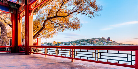 Sunrise and Morning Scenery of Binfeng Bridge in the Summer Palace, Beijing, China