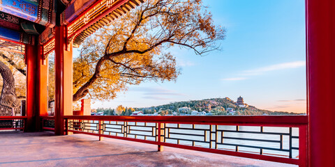 Sunrise and Morning Scenery of Binfeng Bridge in the Summer Palace, Beijing, China - obrazy, fototapety, plakaty