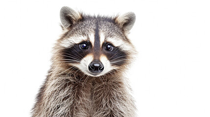 Portrait of a cute funny raccoon, closeup, isolated on a white background. AI Generative