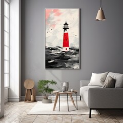 simple minimalist painting winter lighthouse