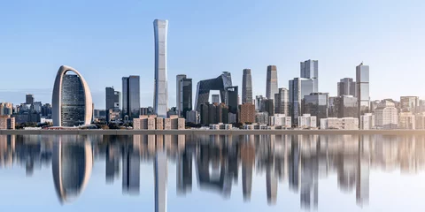 Photo sur Plexiglas Pékin Reflection on the Water Surface of the Skyline Architecture Complex in Beijing International Trade Center, China