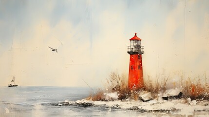 Obraz premium simple minimalist painting winter lighthouse